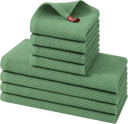 Kitinjoy 100% Cotton Kitchen Towels and Dishcloths Set, 8 Pack Waffle Weave Dish Towels Ultra Soft Absorbent Quick Drying Dish Rags, 13 x 28 Inch and 12 X 12 Inch, Grass Green