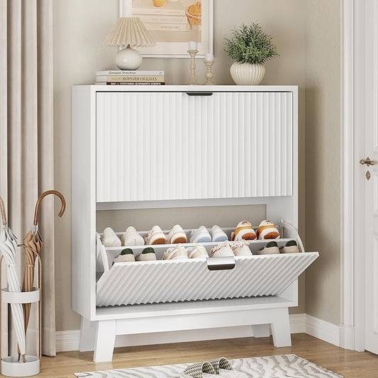 Shoe Cabinet with 2 Flip Drawers, 37" Tall Narrow Fluted Shoe Storage Organizer for Entryway, Hidden Slim Wooden Shoe Rack Cabinet for Front Door Entrance, Hallway, Living Room, Solid White