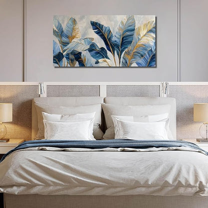 JuhaiArt Gold Banana Leaf Canvas Art for Living Room Bedroom Blue Botanical Picture White Wall Decor 24" x 48"