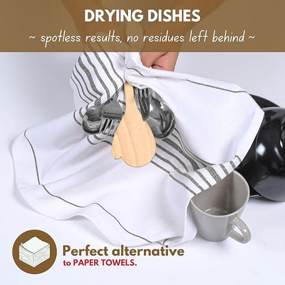 Native Fab 100% Cotton Grey Kitchen Towels 4 Pack 16x26 inches - Herringbone Weave Scandia Stripe Dish Towels for Drying, Absorbent Dish Cloths Set with Hanging Loop - Grey White