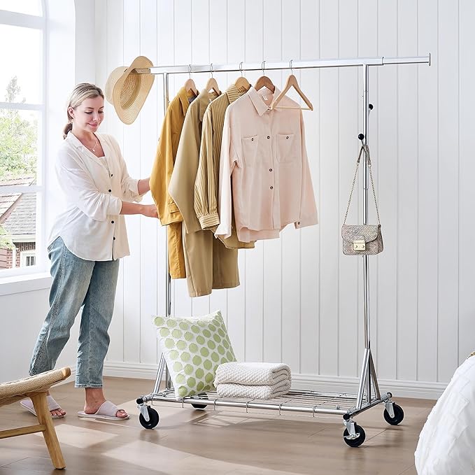 Heavy Duty Clothes Rack Load 530 LBS Metal Clothing Garment Rack Hang 200 pieces of clothing on Wheels Collapsible Rolling Portable & Adjustable with Hook for Hanging Clothes