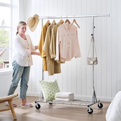 Heavy Duty Clothes Rack Load 530 LBS Metal Clothing Garment Rack Hang 200 pieces of clothing on Wheels Collapsible Rolling Portable & Adjustable with Hook for Hanging Clothes