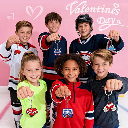 30 Pcs Valentine’s Gift Ice Hockey Keychains Bulk With Greeting Cards for Kids Sports Key Chain Party Favors School Classroom Gifts Exchange Hockey Goodie Bags Stuffers for Boys and Girls
