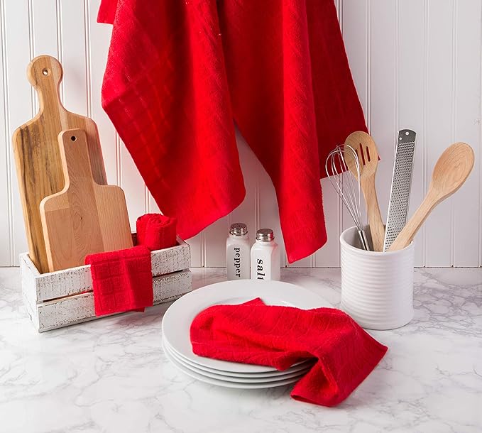 DII Basic Terry Collection Solid Windowpane Dishcloth Set, 12x12, Red, 6 Piece