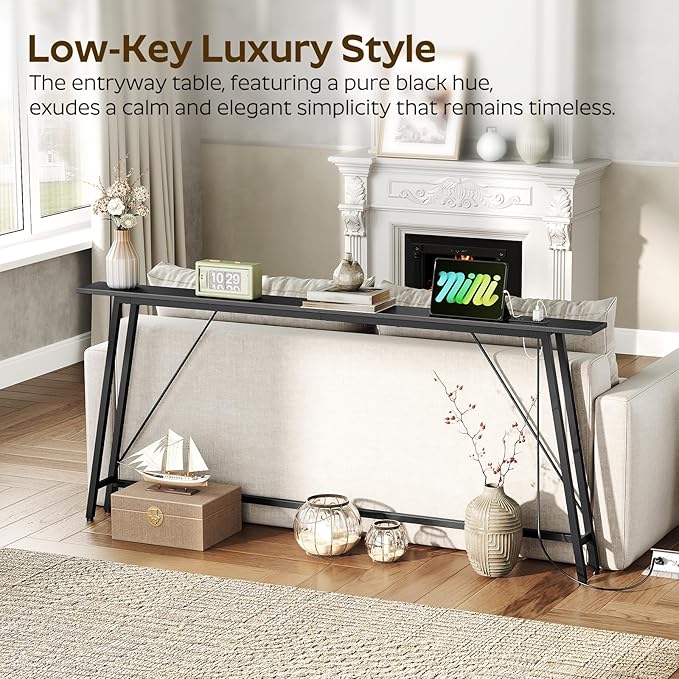 70.9" Couch Table Behind Sofa, Narrow Console Table with Outlet, Skinny Sofa Tables Narrow Long, Long Entryway Tables for Hallway, Entryway, Living Room, Black CT185UBB