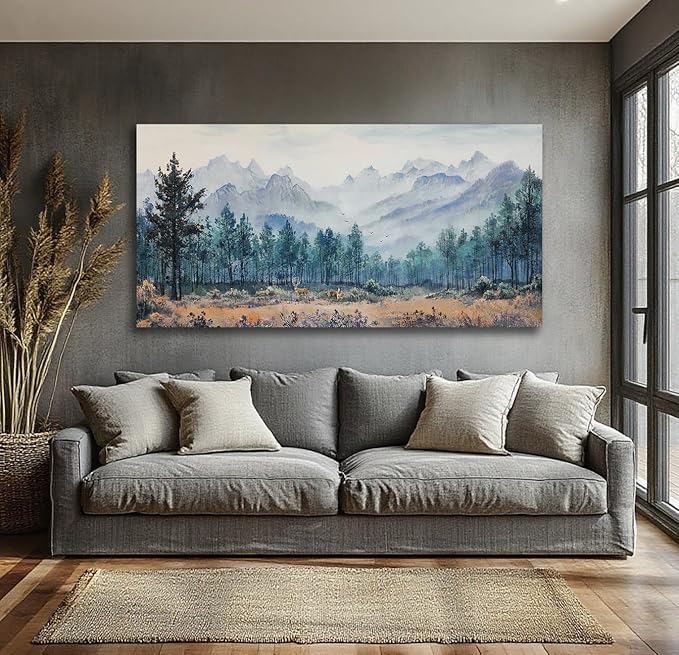 Anolyfi Foggy Forest Mountain Canvas Wall Art, Nature Tree Landscape Painting Textured Wall Decor for Christmas Gift Living Room Bedroom Dining Room Kitchen Office Home Decor 40"x20"