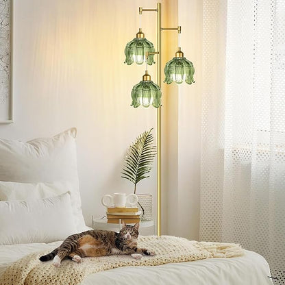 Gold Floor Lamp for Living Room Bedroom,3 Lights Modern Floor Lamps with Unique Green Glass Shades,68IN Mid Century Tall Standing Lamp,Vintage Tree Floor Lamp for Corner Office Reading Bulb Included