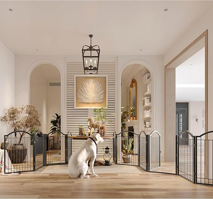 BHG Metal No-Assembly Freestanding Dog Gate with Door Walk Through, Extra Wide 144", Extra Tall 32" Pet Gate, Accordion Puppy Folding Playpen Dog Fence, with 2PCS Support (Black, 6 panesl)
