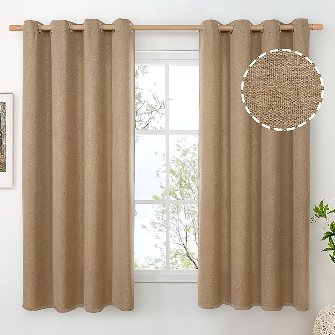 BGment Camel Burlap Linen Curtains for Bedroom 63 Inch Length 2 Panels, Thick Semi Sheer Window Drapes with Grommet Light Filtering for Living Room Farmhouse, Each 52 Inch Wide