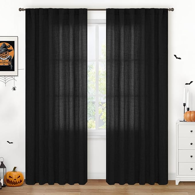 YoungsTex Black Linen Curtains 84 Inch Length for Living Room, Light Filteringt Semi Sheer Window Drapes Rod Pocke Back Tab for Office Bedroom, 2 Panels, 52 X 84 Inch