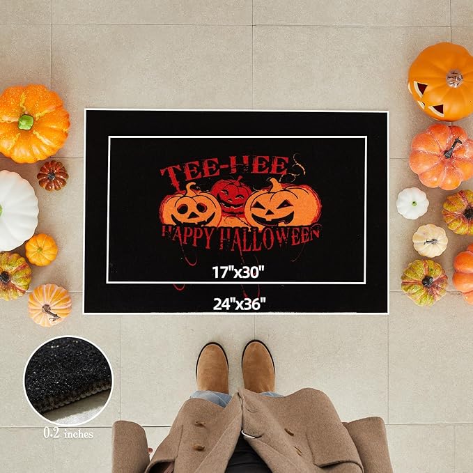 Halloween Door Mat, Halloween Pumpkin Doormat Outdoor Front Door Entrance Absorbent Entry Mat with Non Slip Backing, 17''x30'', Pumpkins Black