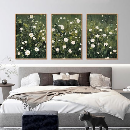 HLNIUC Green White Floral Framed Wall Art Set, Abstract Flower Canvas Wall Decor, Modern Botanical Wall Painting, Blossom Landscape Art Print for Living Room, Bedroom, Office - 16"x24"x3