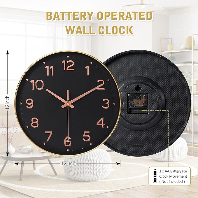 MEIRED Wall Clock 12 Inch Silent Non Ticking Battery Operated Round Wall Clock Modern Simple Style Decor Clock for Home/Office/School/Kitchen/Bedroom/Living Room, Black and Gold