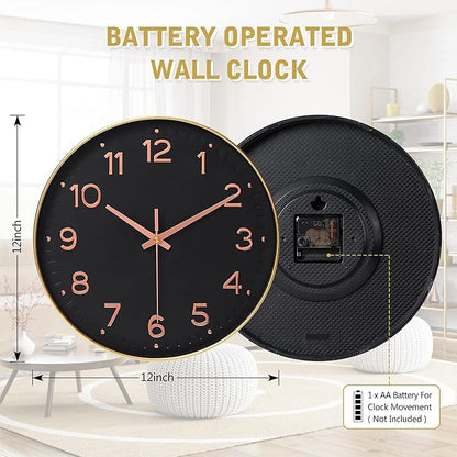 MEIRED Wall Clock 12 Inch Silent Non Ticking Battery Operated Round Wall Clock Modern Simple Style Decor Clock for Home/Office/School/Kitchen/Bedroom/Living Room, Black and Gold