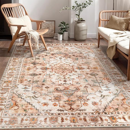 SERISSA 4x6 Boho Area Rug, Vintage Peach/Cream, Non-Slip, Machine Washable, Low-Pile, Rectangular