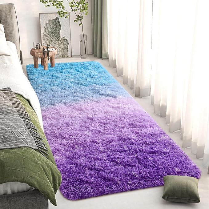 DweIke Luxury Shaggy Runner Rugs for Bedroom, 2x6 Feet Fluffy Runners Carpet for Girls Boys Kids, Non-Slip Extra Comfy Plush Bed Beside Rug for Living Room Nursery Home Decor, Purple and Blue