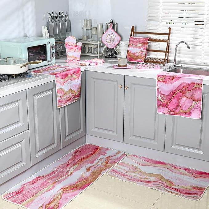 10 Pcs Christmas Marble Farmhouse Kitchen Decor Accessories Set Marble Kitchen Dish Towels Rugs Oven Mitts and Pot Holders Sets for Cooking Baking Daughter Mom Gift(Pink)