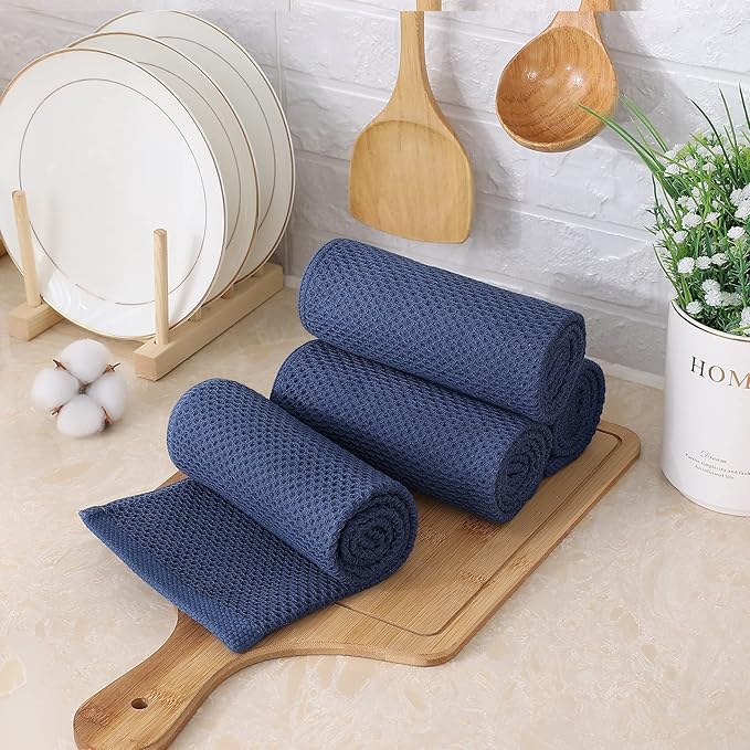 Kitinjoy 100% Cotton Waffle Weave Kitchen Towels, 6-Pack Super Soft and Absorbent Dish Towels for Drying Dishes, Kitchen Hand Towels, 13 in x 28 in, Navy Blue