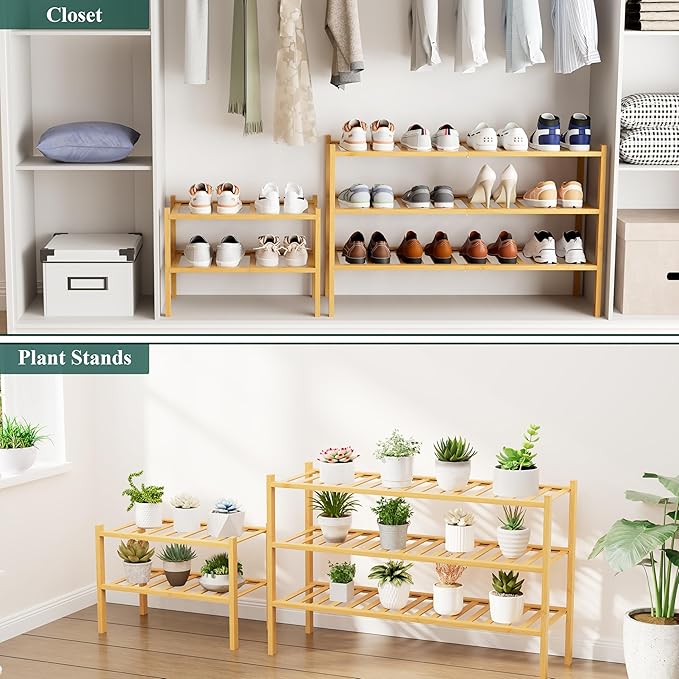 Smiry Shoe Rack, 3 Tier Long Bamboo Shoe Organizer, Stackable Free Standing Wooden Shoe Storage Shelf for Closet, Entryway, Front Door Entrance, Natural