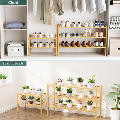 Smiry Shoe Rack, 4 Tier Small Bamboo Shoe Organizer, Stackable Free Standing Wooden Shoe Storage Shelf for Closet, Entryway, Front Door Entrance, Natural