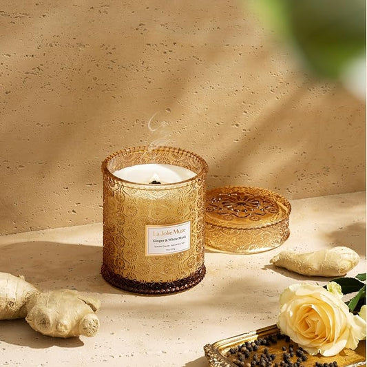 LA JOLIE MUSE Fall Candle | Ginger & White Musk Candle – Ginger, Lemongrass & Musk | 19 oz Wooden Wick | Natural Soy Wax | 90 Hours Clean Burn | Gift-Ready for Fall Transitions| Seasonal Home Décor