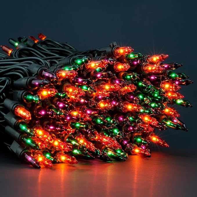 200 Count Orange Green & Purple Christmas Lights, Pack of 2 Strands 100 Count 33 ft Black Wire UL Listed Halloween String Light (Orange Green & Purple)