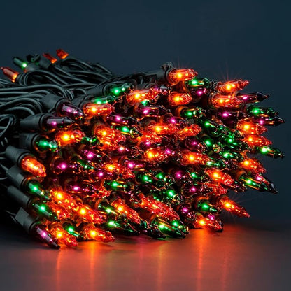200 Count Orange Green & Purple Christmas Lights, Pack of 2 Strands 100 Count 33 ft Black Wire UL Listed Halloween String Light (Orange Green & Purple)