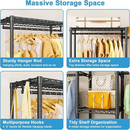 Ulif E4 Clothes Rack, Heavy-Duty Garment Rack, Metal Freestanding Clothing Organization Storage System Can Be L-Shaped with Shelves and Hangers, Max Load 962lbs, 71.6" W x 14.5" D x 79.3" H, Black
