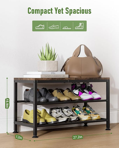 3-Tier Shoe Rack Bench - Entryway Organizer with Shoe Storage, Sturdy Shoe Shelf for Front Door, Small Space Saving Furniture, Brown, 27.2" x 12.0" x 15.9"
