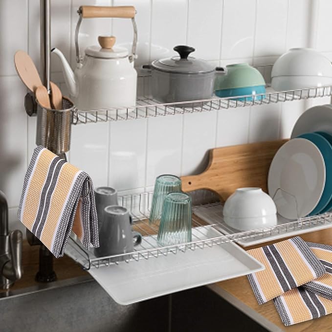 Goroly Home 6 Pack Cotton Vintage Kitchen Dish Towels - Highly Absorbent Quick Dry Professional Grade Cotton Cleaning Towels with Hanging Loop, Honeycomb Pattern - 18x28 Inch - Mustard Brown