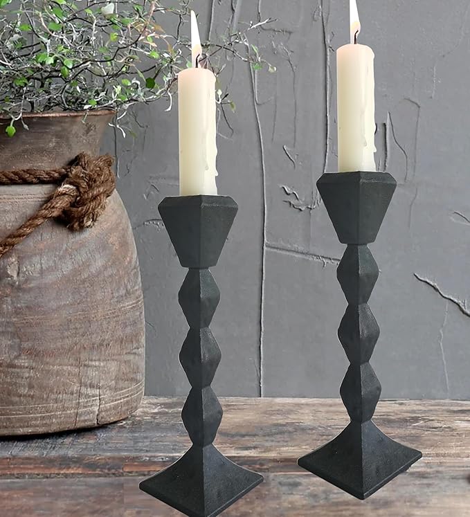 Antique Iron Taper Candle Holders - Set of 2 Decorative Candlesticks, Black Finish Candle Stand for Weddings, Dining, and Parties (Black, Square)