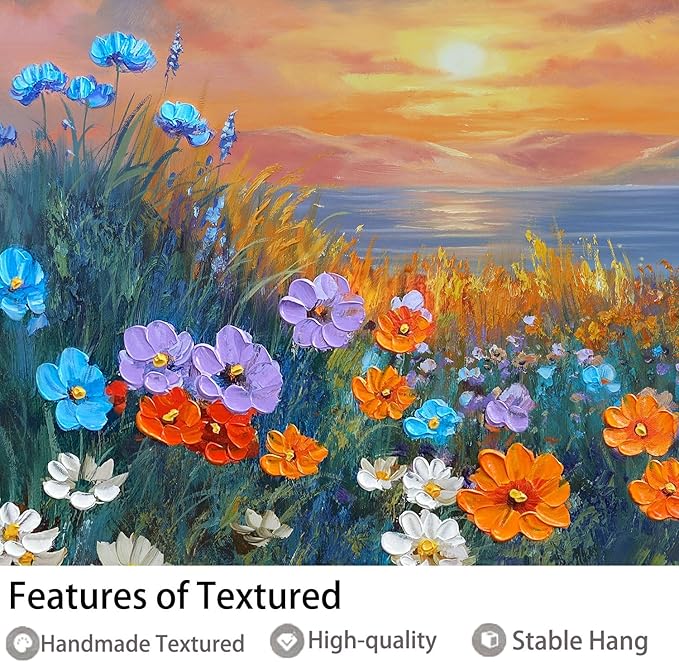 Ardemy Wildflower Wall Art for Living Room Large Framed Floral Canvas Pictures Bedroom Wall Decor Sunset Paintings Flower Textured Artwork for Walls Dining Room Home Office 40"x20"