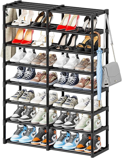 SUFAUY 8 Tier Large Metal Shoe Rack Organizer with Hooks, Large Capacity 40 Pairs Sturdy Shoe Boot Storage, Black