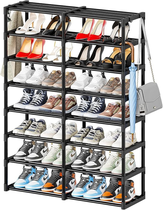 SUFAUY 8 Tier Large Metal Shoe Rack Organizer with Hooks, Large Capacity 40 Pairs Sturdy Shoe Boot Storage, Black