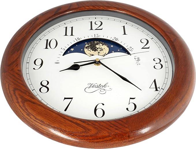JUSTIME 14 Inch Exclusive Solid Oak Wood Non-Ticking Sweep Mechanical Specialty Moon Phase Moving Dial Wall Clock, Gift, Home Décor