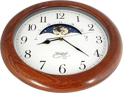 JUSTIME 14 Inch Exclusive Solid Oak Wood Non-Ticking Sweep Mechanical Specialty Moon Phase Moving Dial Wall Clock, Gift, Home Décor