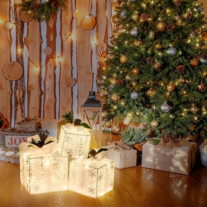 Christmas Lighted Gift Boxes with Snowflake Ornament, 3 Pack Pre-lit Present Boxes Set Battery Operated with Different Sizes for Holiday Indoor Outdoor Decorations (3 Pack) (Snowflake-2)
