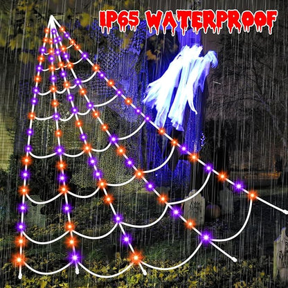 Halloween Decorations Outdoor Spiders Web Lights: 150 Purple & Orange LED Light Decor, 17.4Ft Giant Spiderweb with 8 Lighting Modes Waterproof & Timer, Yard Spider Web Decoration
