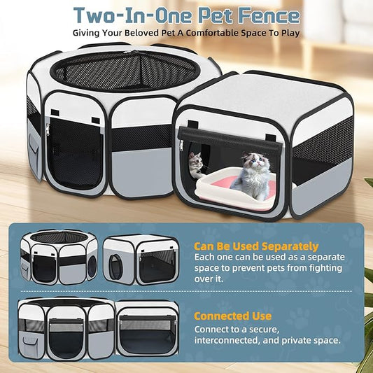 Vikua Portable Pet Cat Playpen, Foldable Dog Playpen for Indoor and Outdoor Use, Two in One Pet Playpen for Puppies Medium-Sized Dogs Kittens Travel Camping Use, Cat Tent & Houses