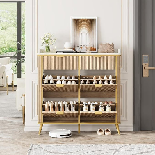 Fluted Shoe Cabinet Storage, Modern Slim Shoe Organizer Cabinet with 4 Flip Drawers & 2 Drawers, Wooden Freestanding Shoe Rack Cabinets for Entryway, Foyer, Hallway, Natural Oak