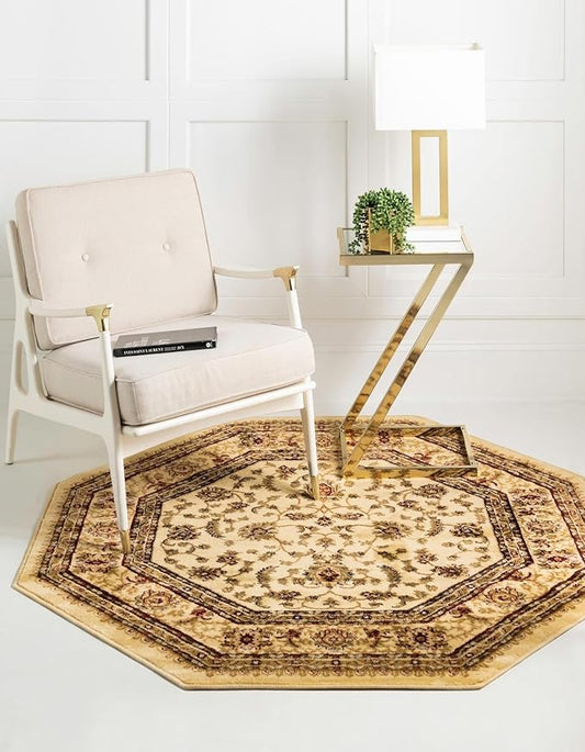 Rugs.com Aditi Collection Rug – 5' 3 Octagon Cream Low Rug Perfect for Living Rooms, Kitchens, Entryways