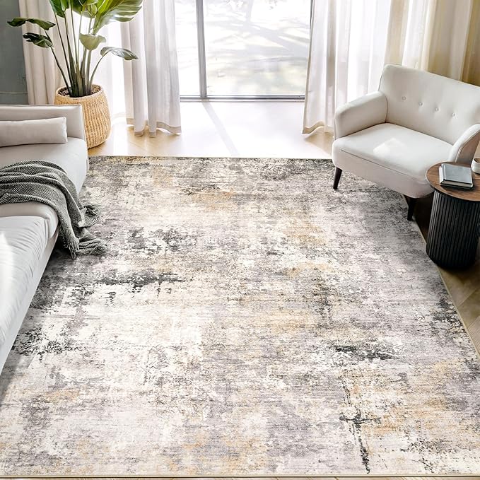 Area Rug Living Room Rugs - 5x7 Modern Abstract Soft Indoor Neutral Washable Rug Stain Resistant Non-Slip Low Pile Carpet for Bedroom Dining Room Home Office - Charcoal Grey