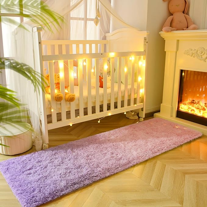 DweIke Luxury Shaggy Runner Rugs for Bedroom, 2x6 Feet Fluffy Runners Carpet for Girls Boys Kids, Non-Slip Extra Comfy Plush Bed Beside Rug for Living Room Nursery Home Decor, Pink and Purple