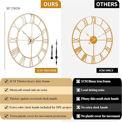 CLXEAST 30 Inch Wall Clock,Large Champagne Gold Metal Roman Numeral Wall Clock, Modern Wall Clocks for Living Room Decor,House Warming Gifts New Home