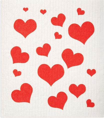 Swedish Dishcloths 2 Pack Red Flying Hearts Print Reusable Sponges Kitchen Cleaning Cloth Dish Scrubber, Machine Washable, Measures 7.87”x6.88 inches.