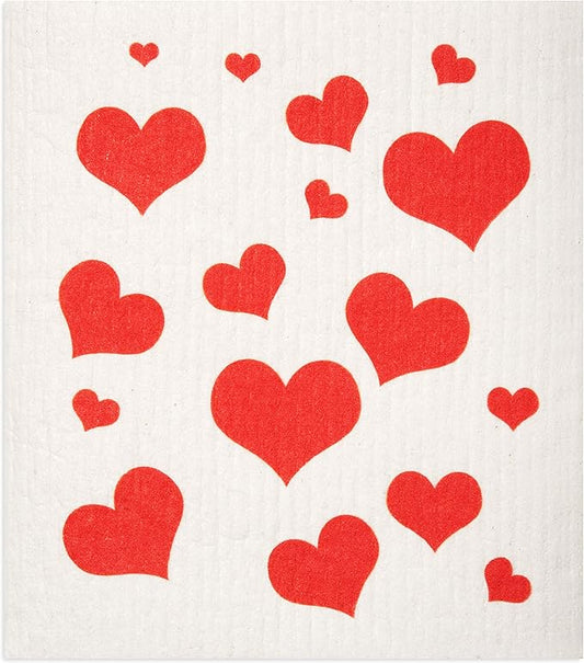Swedish Dishcloths 2 Pack Red Flying Hearts Print Reusable Sponges Kitchen Cleaning Cloth Dish Scrubber, Machine Washable, Measures 7.87”x6.88 inches.