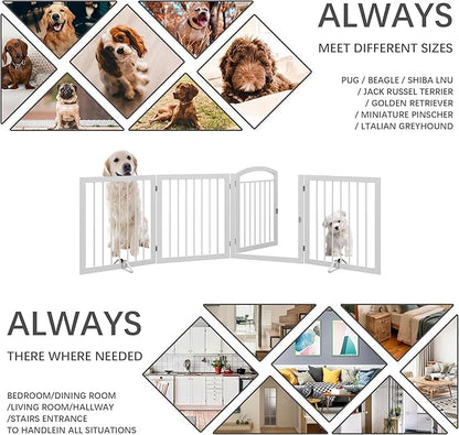 JSB 96-inch Extra Wide 30-inch Tall Dog gate with Door Walk Through, Freestanding Round Tube Pet Gate for Halls Stairs, Puppy Safety Dog Fence with 2PCS Support Feet (White)
