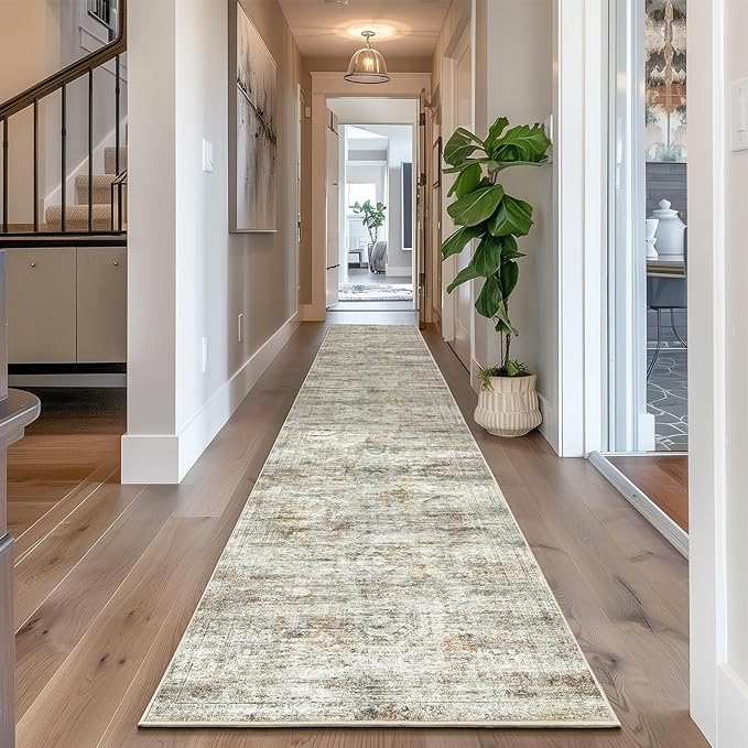 Long Hallway Runner Rug- Carpet Runners for Hallway 12ft, Anti Slip Backing Washable Rug Runner for Bathroom, Entrance, Living Room, Soft Low Pile Mordern Rug Runner(2'x12', Grey/Rust)