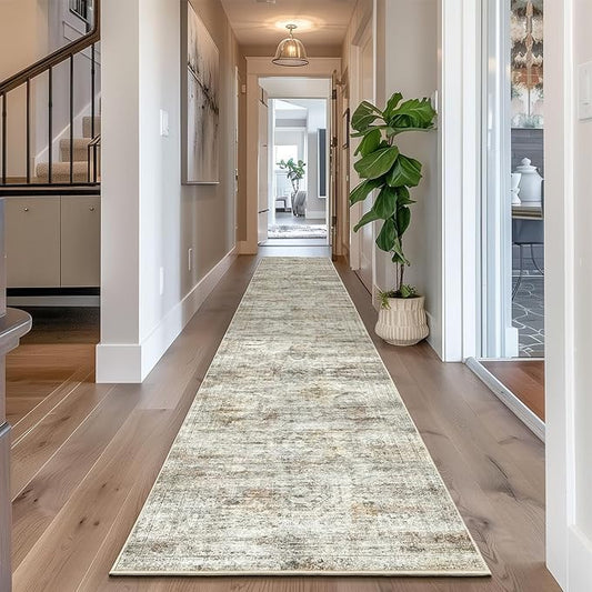 Long Hallway Runner Rug- Carpet Runners for Hallway 12ft, Anti Slip Backing Washable Rug Runner for Bathroom, Entrance, Living Room, Soft Low Pile Mordern Rug Runner(2'x12', Grey/Rust)