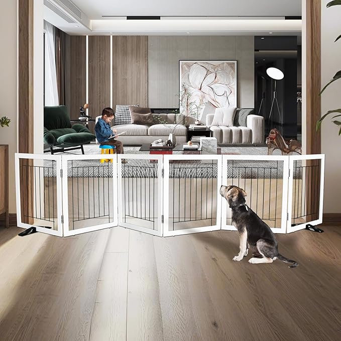 ZJSF Freestanding Dog Gate Indoor, Foldable Dog Fence for Doorways,Hallways or Stairs, Sturdy Wood Extra Wide Pet Gate with Support Feet,White,24 "Height-6 Panels